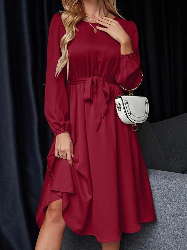 Loose Puff Sleeves Elasticity Pleated Solid Color Split-Joint Tied Waist Round-Neck Midi Dresses Product Image
