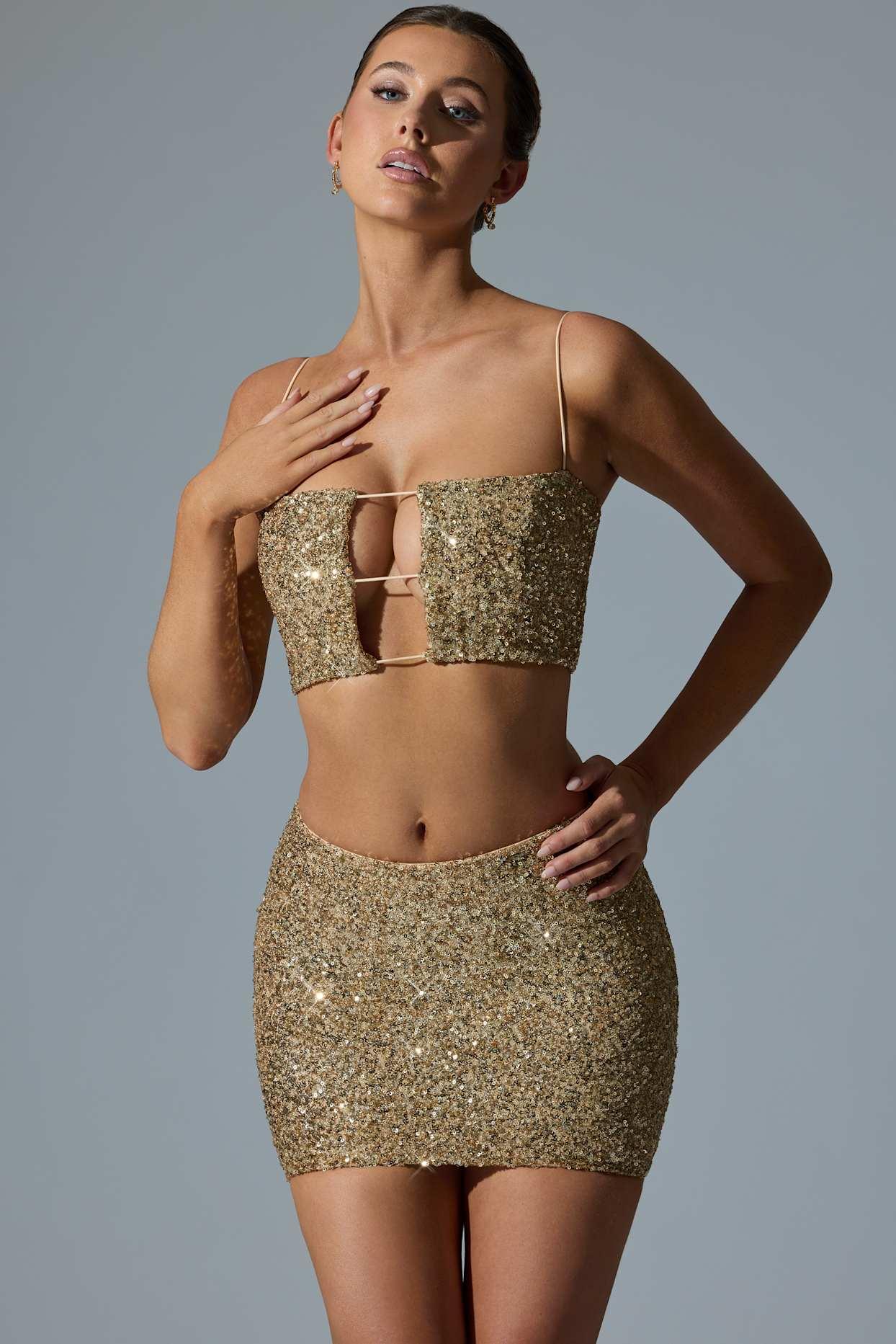 Embellished Mid-Rise Mini Skirt in Gold Product Image