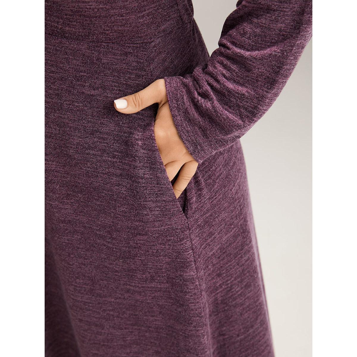 Plus Size Solid Ruched Drawstring Bowknot Pocket Dress Purple Women Casual Gathered Tie Neck Long Sleeve Curvy Midi Dress BloomChic 26/4X Product Image