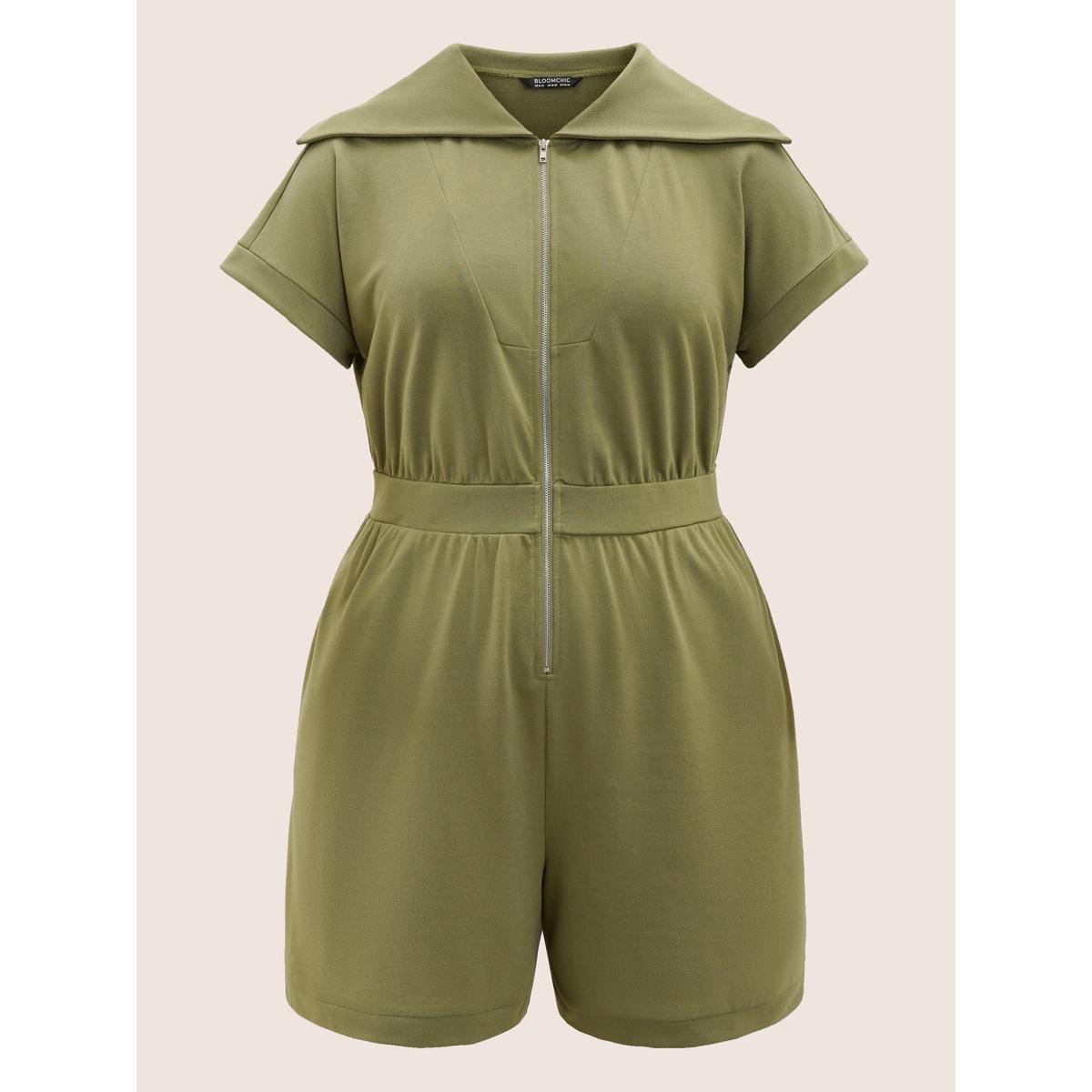 Plus Size Moss Plain Sailor Collar Half Zip Jumpsuit Women Casual Cap Sleeve Sailor Collar Everyday Loose Jumpsuits BloomChic 18-20/2X Product Image