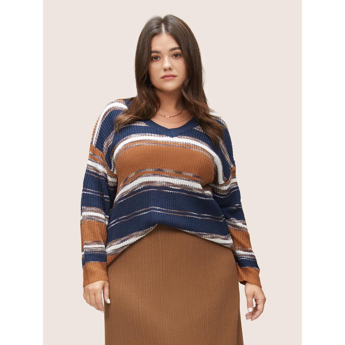Plus Size Striped Colorblock Contrast Heather Patchwork Pullover Chocolate Women Casual Loose Long Sleeve V-neck Dailywear Pullovers BloomChic 12/L Product Image