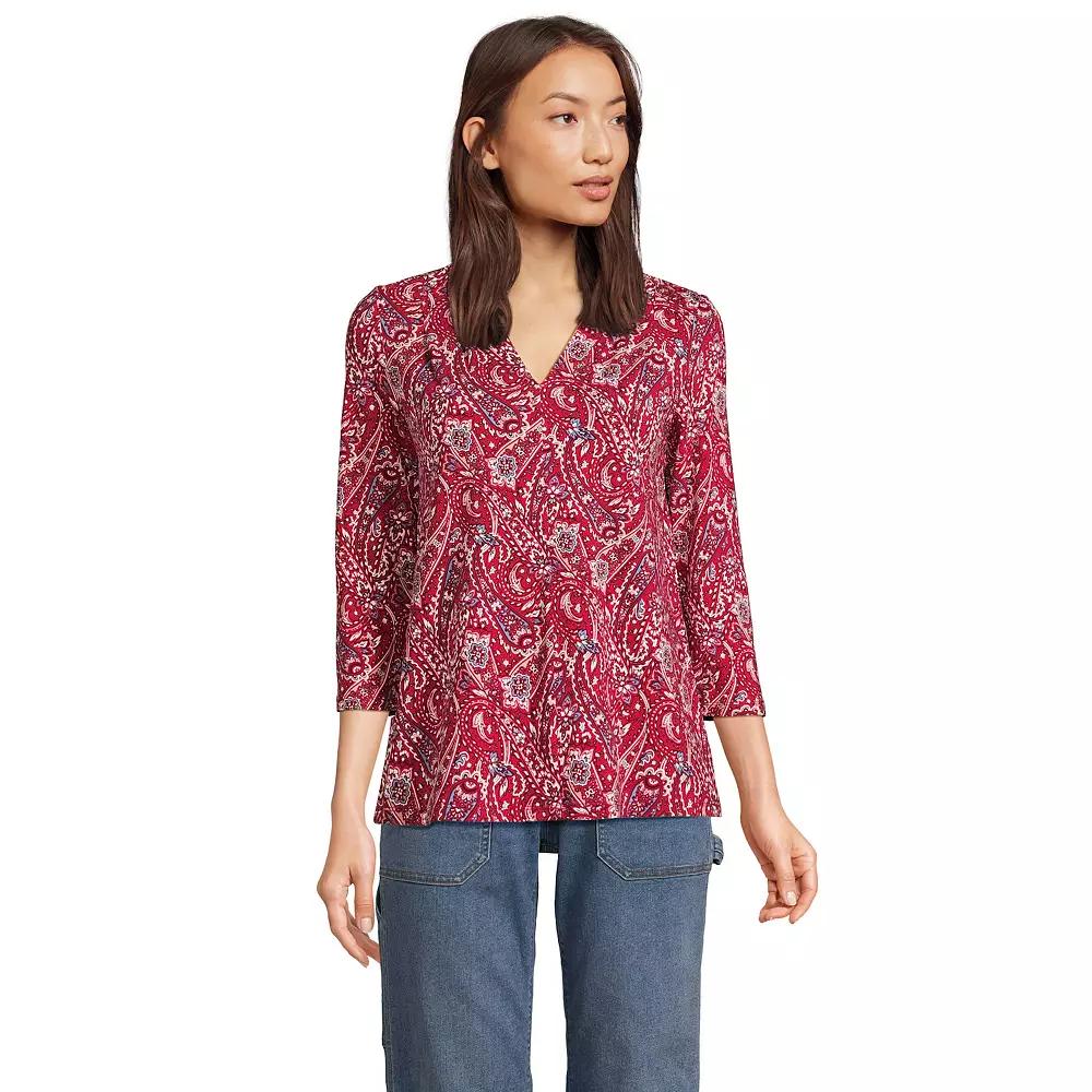 Women's Lands' End 3/4 Sleeve Lightweight Jersey V-Neck Top, Size: XS, Red Swirl Paisley Product Image