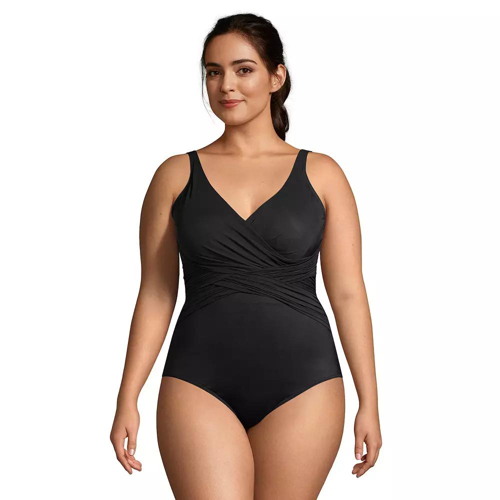 Plus Size Lands' End SlenderSuit Tummy Control Surplice One-Piece Swimsuit, Women's, Size: 20 W, Black Product Image