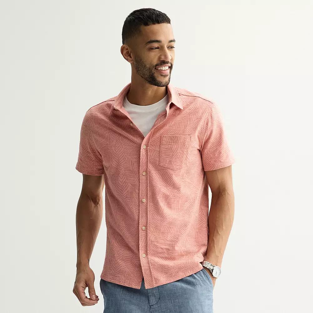Men's Sonoma Goods For Life® Knit Short Sleeve Button Down Shirt, Size: Small, Pink Leaf Print Product Image