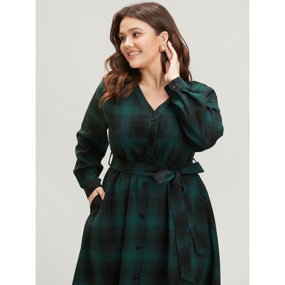 Plus Size Plaid Pocket Button Detail Belted Asymmetrical Hem Dress Emerald Women Elegant Button V-neck Long Sleeve Curvy Midi Dress BloomChic 22-24/3X Product Image