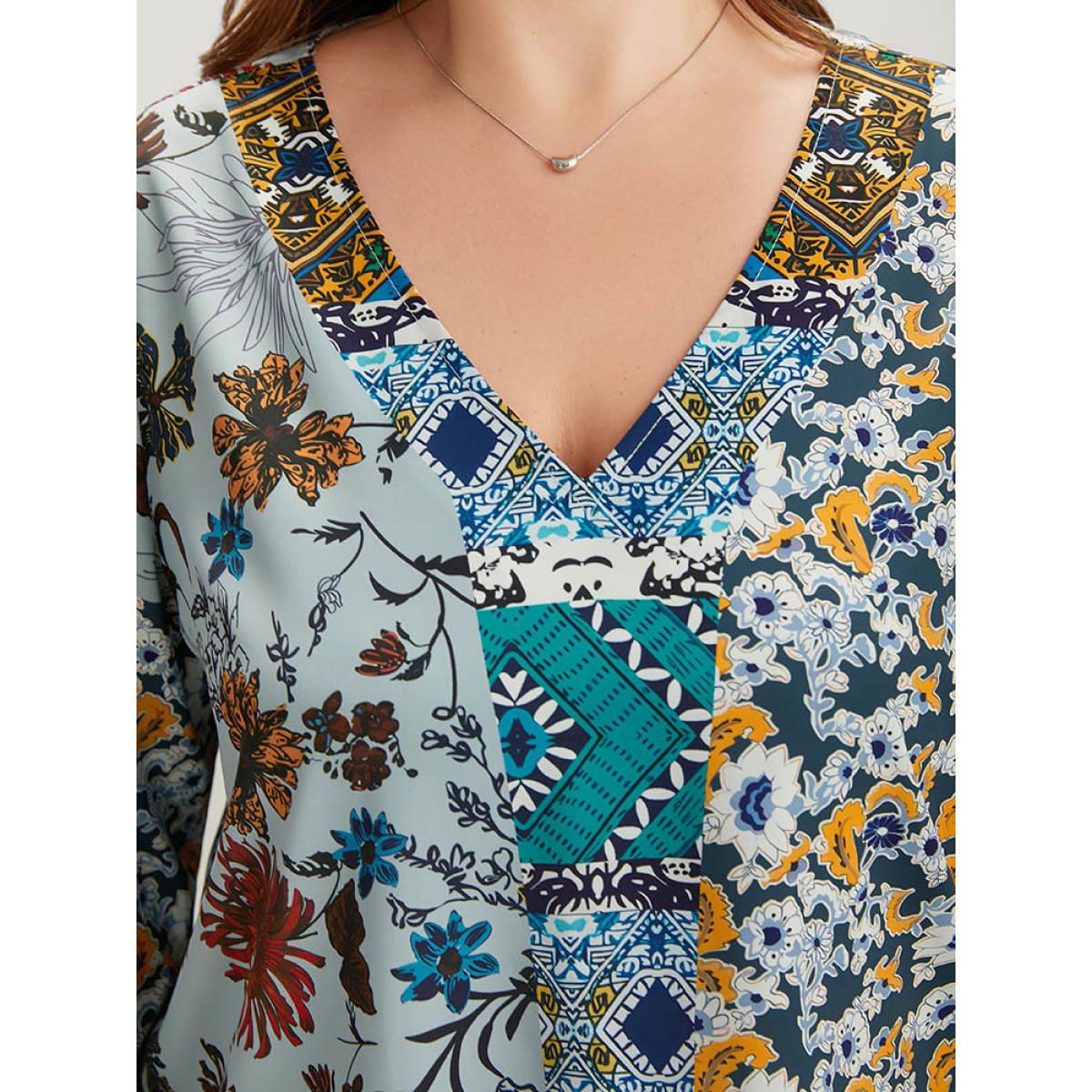 Plus Size Multicolor Bandana Print Patchwork Bell Sleeve Blouse Women Elegant Long Sleeve V-neck Vacation Blouses BloomChic 14-16/1X Product Image