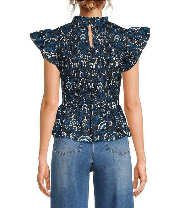 Sugarlips Etta Floral Print Mock Neckline Short Sleeve Smocked Peplum Top Product Image