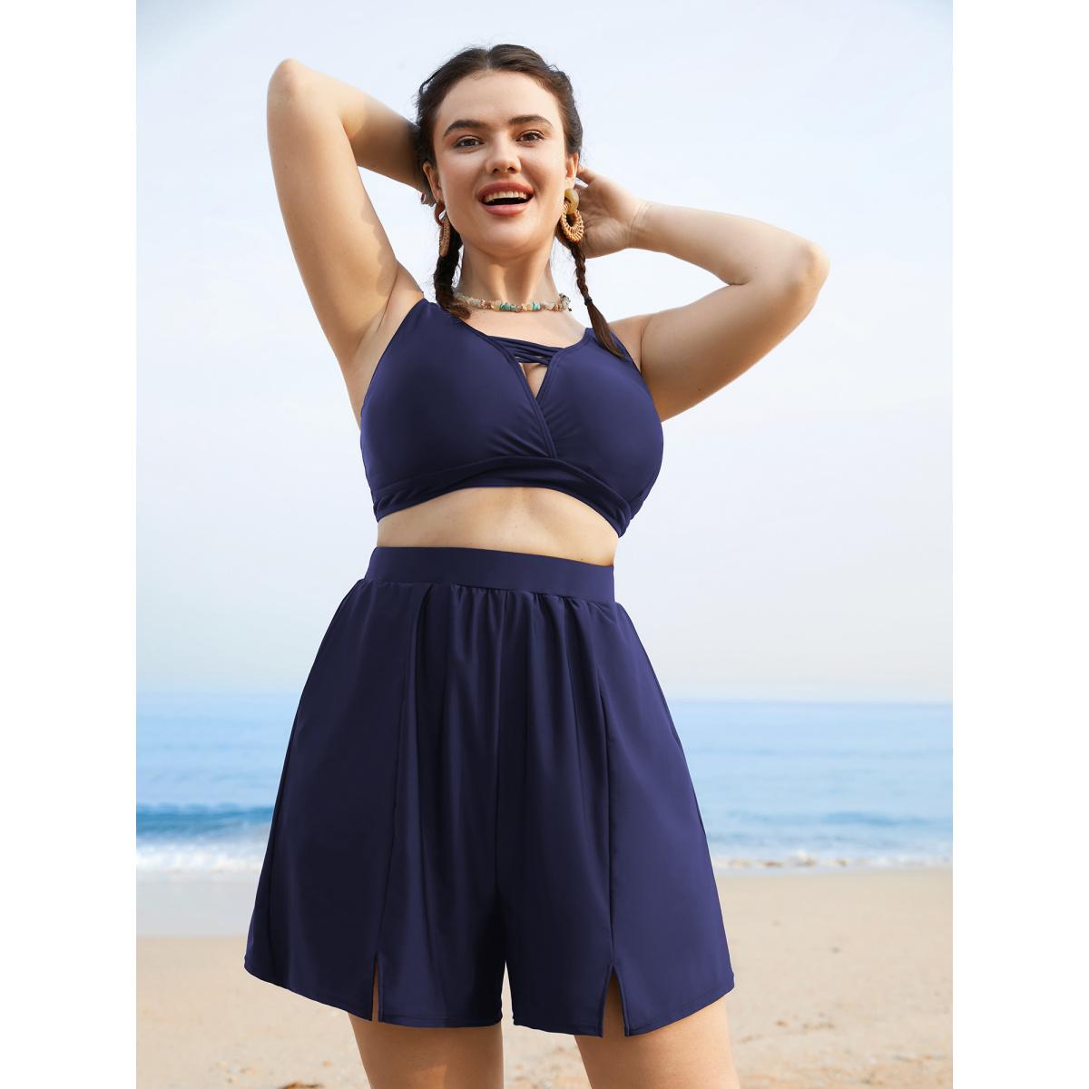 Plus Size Solid Slit Front Pocket Gathered Swim Bottom Women's Swimwear Indigo Beach Gathered High stretch Bodycon High Rise Side seam pocket Curve Swim Bottoms BloomChic 22-24/3X Product Image