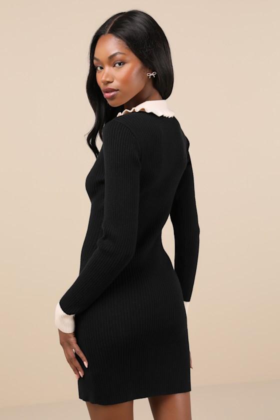Adorable Silhouette Black and Beige Collared Mini Sweater Dress Product Image