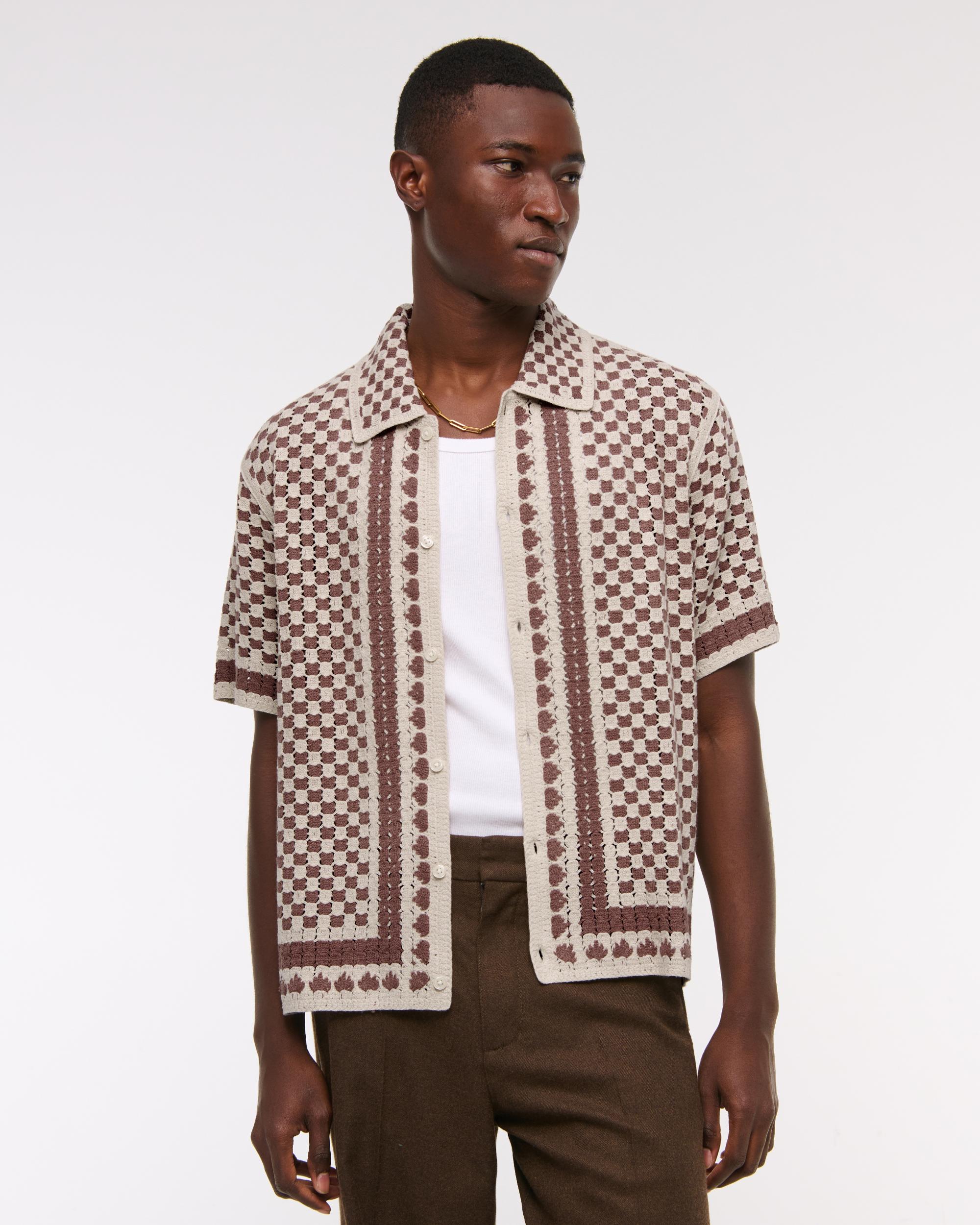 Crochet-Style Border Stripe Button-Through Sweater Polo Product Image