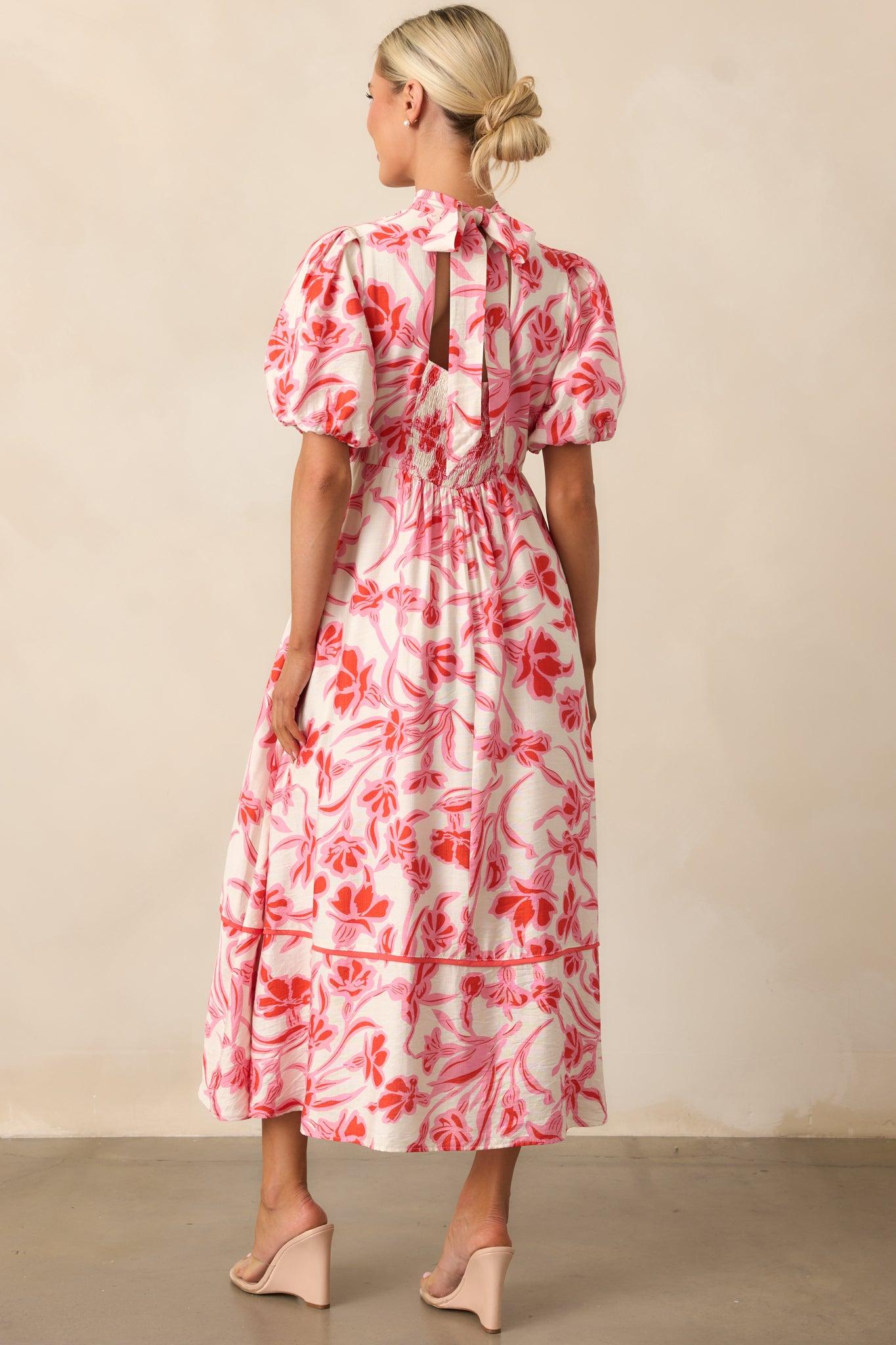 Blooming Season Pink Floral Puff Sleeve Midi Dress Product Image