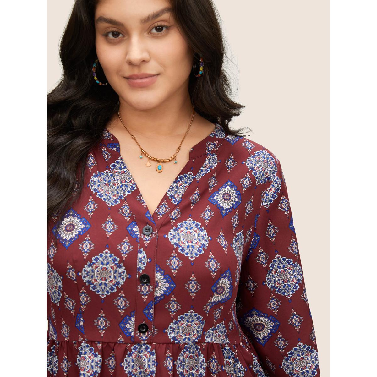 Plus Size Scarlet Boho Print Notched Lantern Sleeve Blouse Women Vacation Long Sleeve Notched collar Vacation Blouses BloomChic 28/5X Product Image