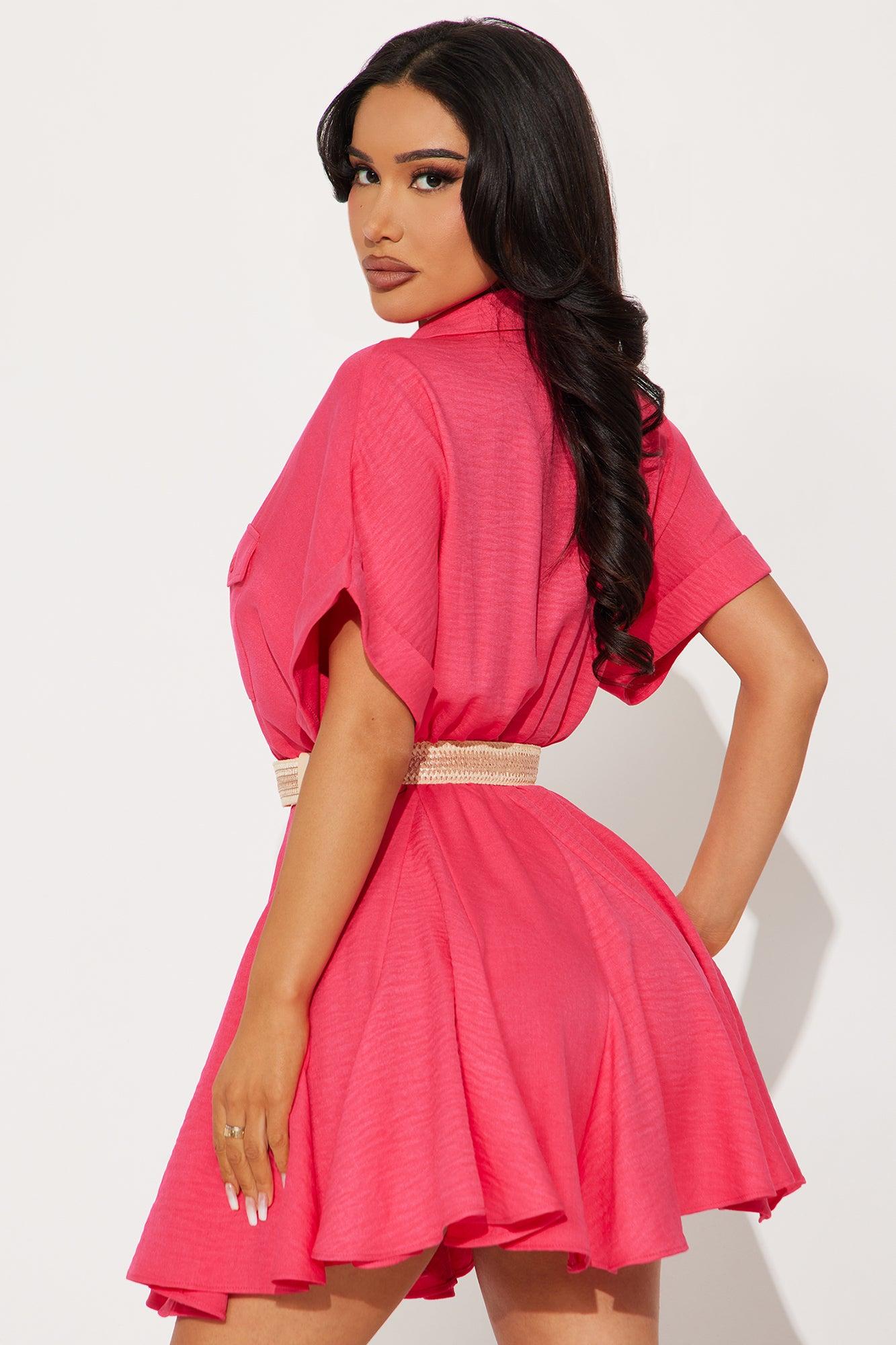 Nameen Belted Mini Shirt Dress - Hot Pink Product Image