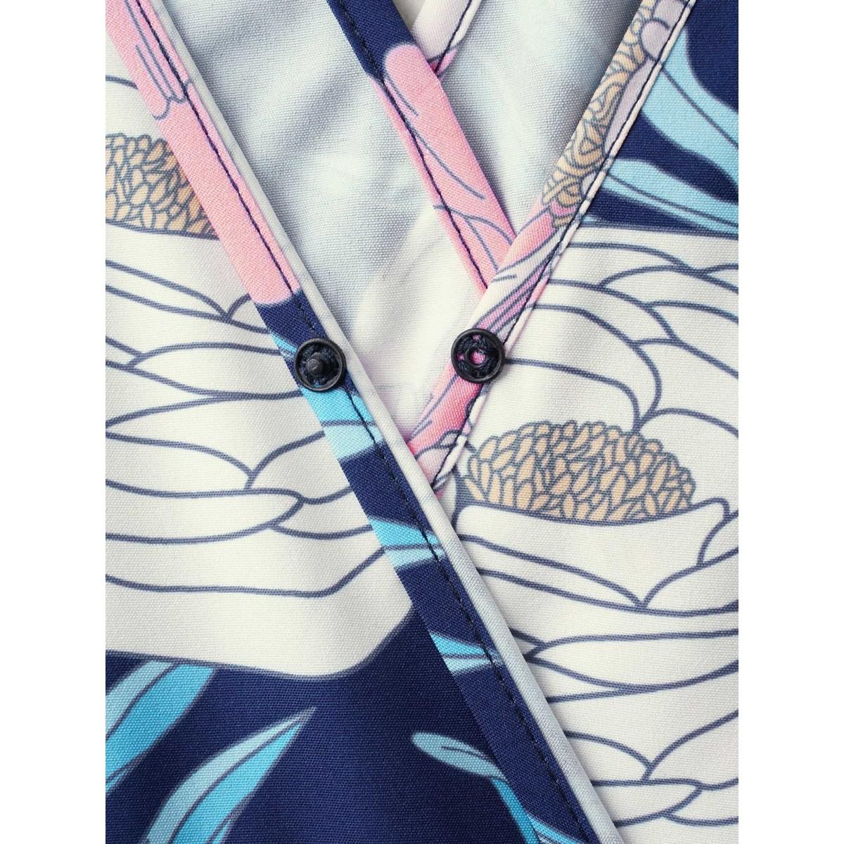 Plus Size Tropical Print Back-Tie Shirred Midi Dress DarkBlue Women Overlap Collar Short sleeve Curvy BloomChic 12/L Product Image