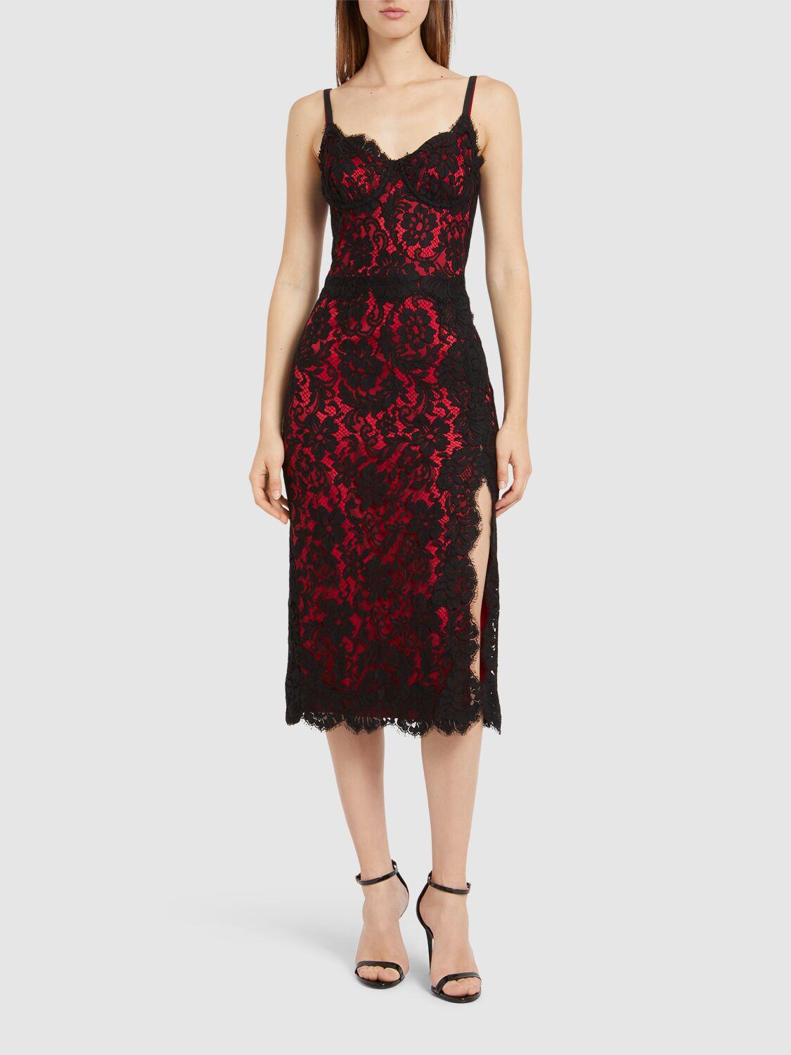 DOLCE & GABBANA Lace Midi Slip Dress In Black/red Product Image