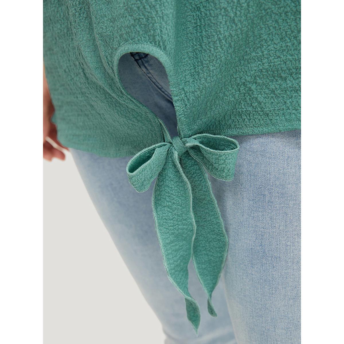 Plus Size Teal Solid Cut Out Knotted Hem Ruffle Sleeve One Shoulder Blouse Women Elegant Short sleeve One Shoulder Dailywear Blouses BloomChic 22-24/3X Product Image