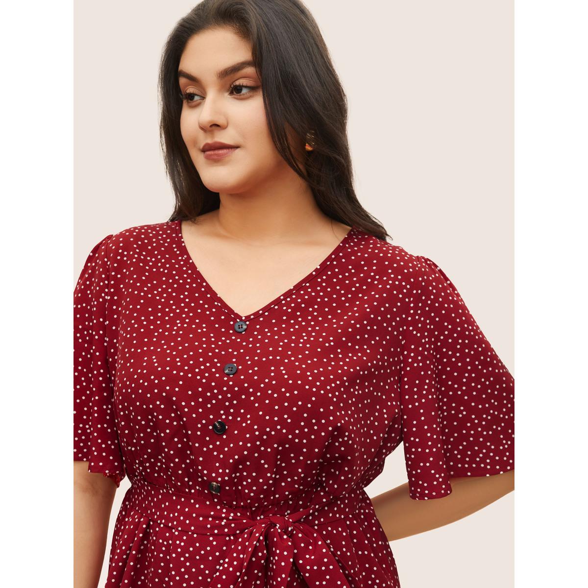 Plus Size Scarlet Polka Dot Ties Button Detail Blouse Women Elegant Short sleeve V-neck Everyday Blouses BloomChic 14-16/1X Product Image