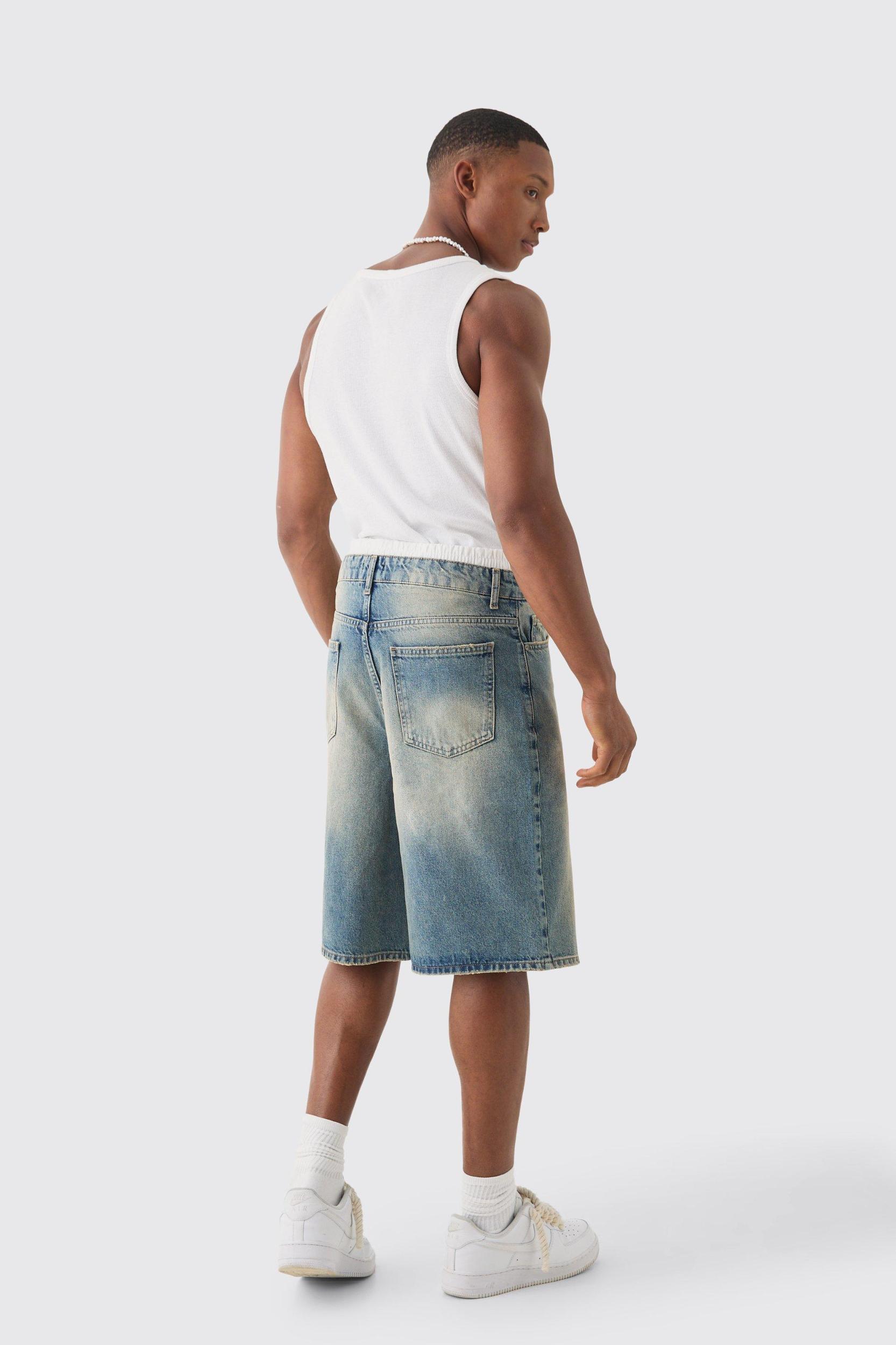 Double Waist Band Denim Jorts In Light Blue | boohooMAN USA Product Image