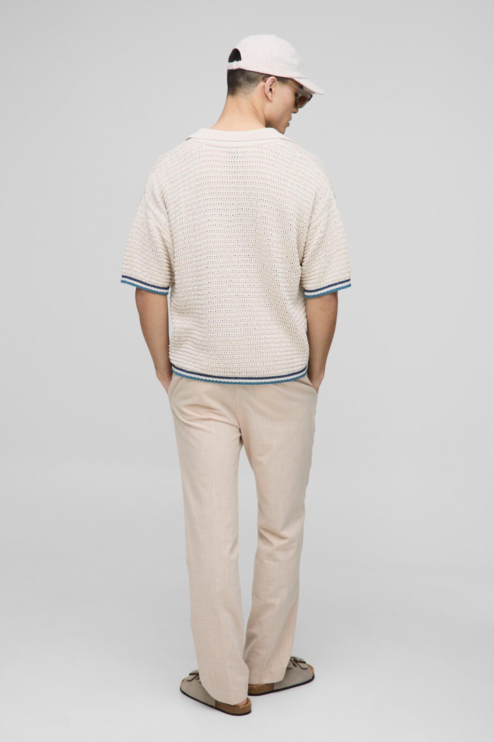 Oversized Boxy Open Stitch Stripe Trim Knitted Polo | boohooMAN USA Product Image