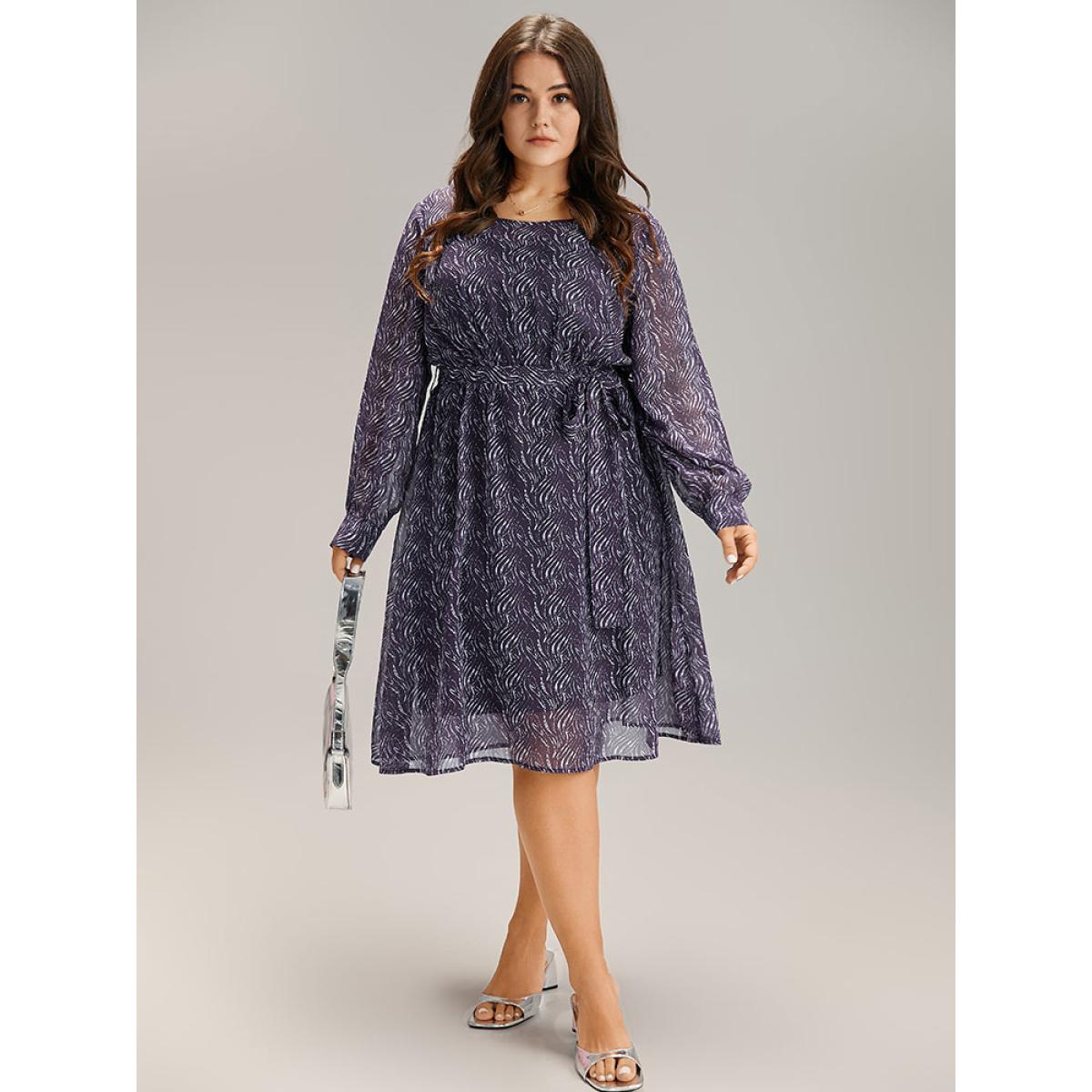 Plus Size Geometric Mesh Elastic Waist Belted Dress Indigo Women Office See through Round Neck Long Sleeve Curvy Midi Dress BloomChic 14-16/1X Product Image
