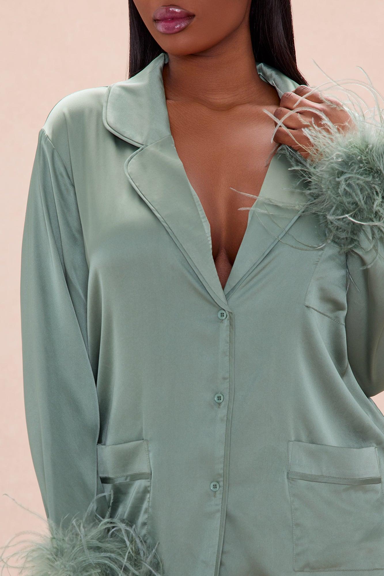 Regina Feathered Satin Pant Set - Sage Female Product Image