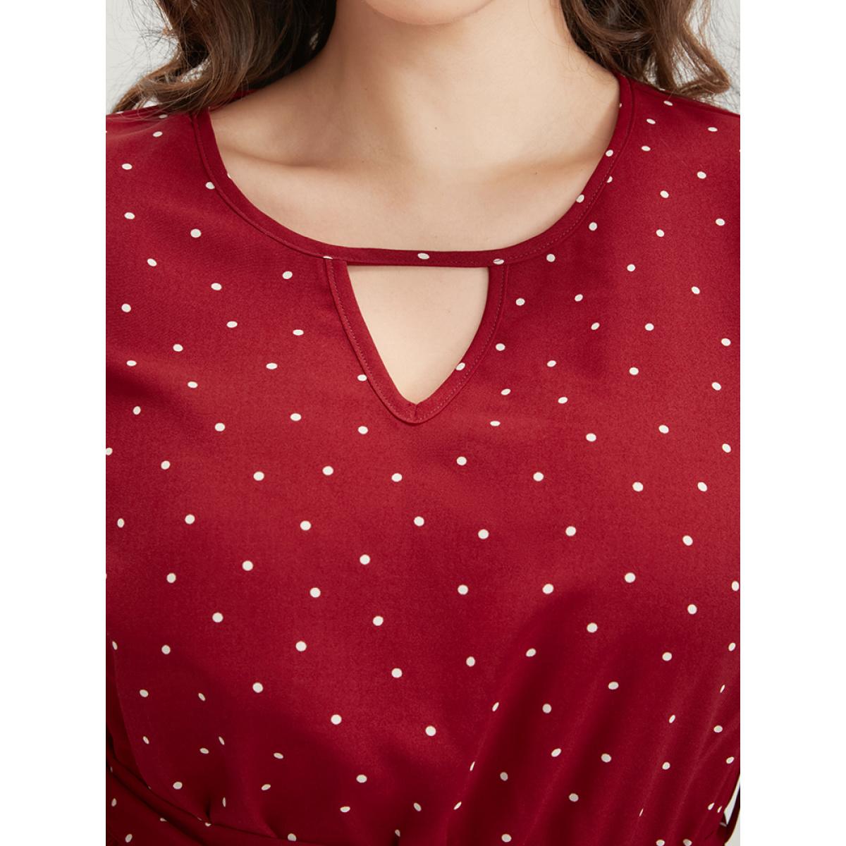 Plus Size Polka Dot Keyhole Round Neck Pocket Belted Ruffle Dress Scarlet Women Elegant Belted Round Neck Long Sleeve Curvy Long Dress BloomChic 14-16/1X Product Image