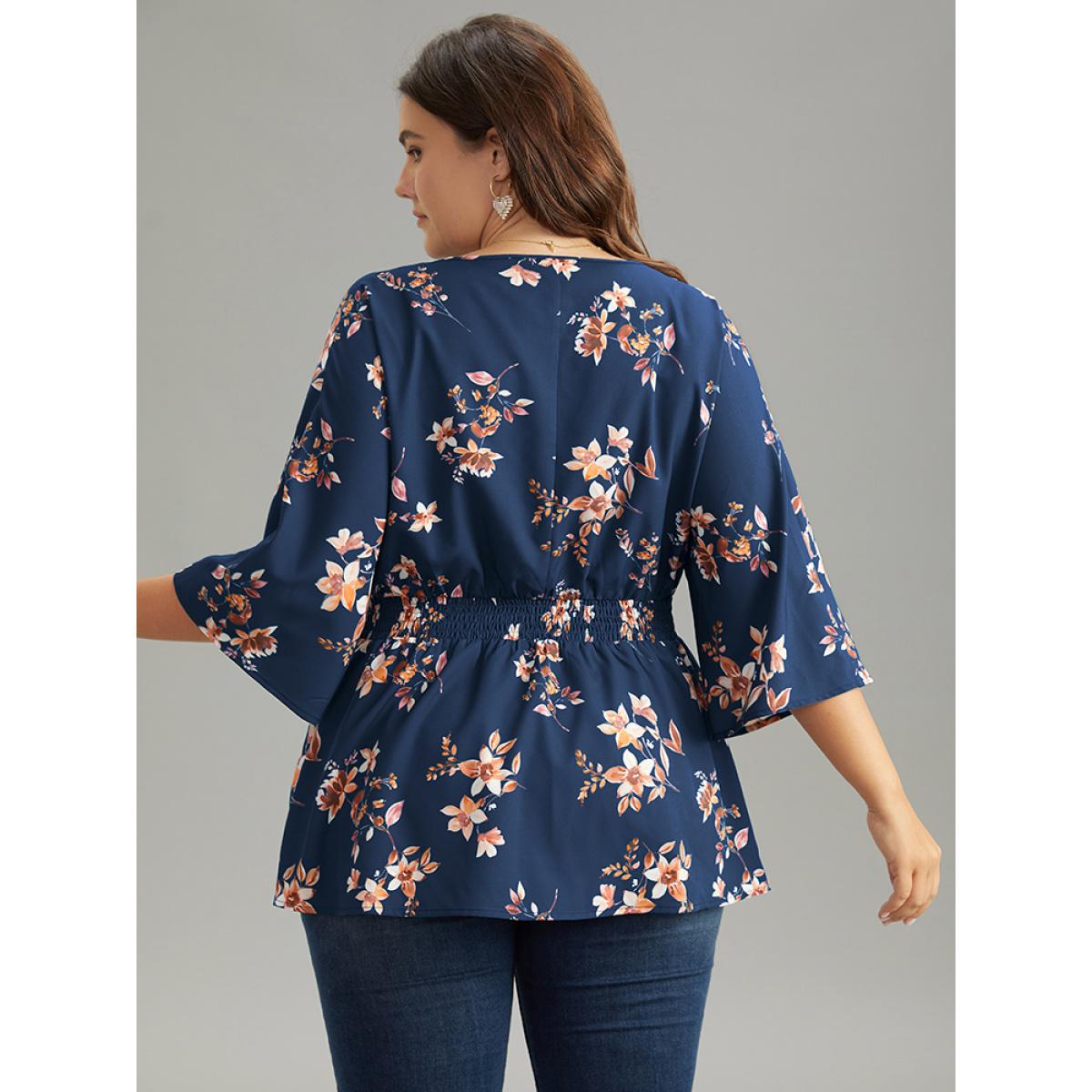 Plus Size Indigo Floral Print Shirred Plicated Detail Blouse Women Elegant Elbow-length sleeve V-neck Dailywear Blouses BloomChic 30/6X Product Image