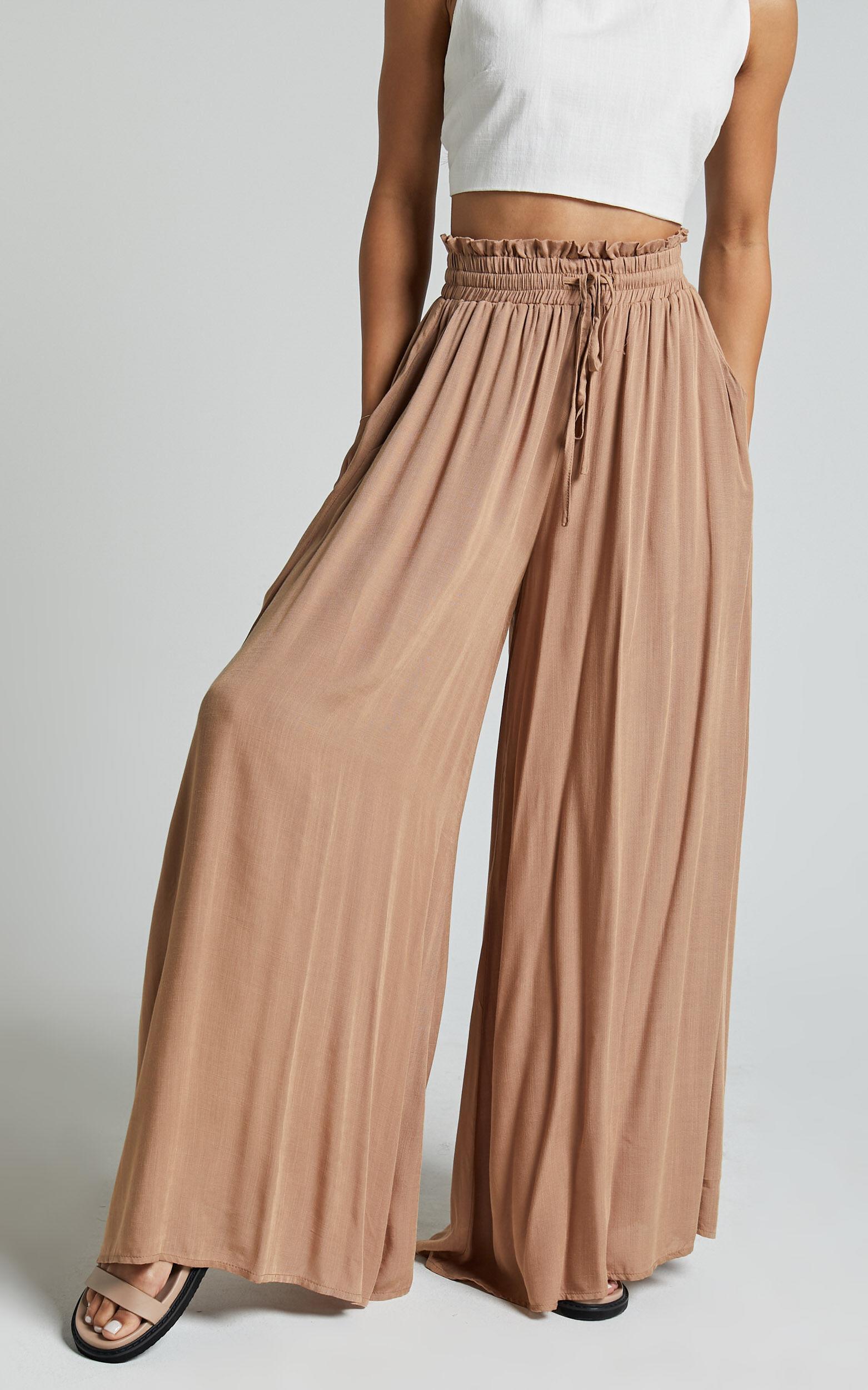 Hany Pants - High Waist Drawstring Wide Leg Pants in Latte Product Image