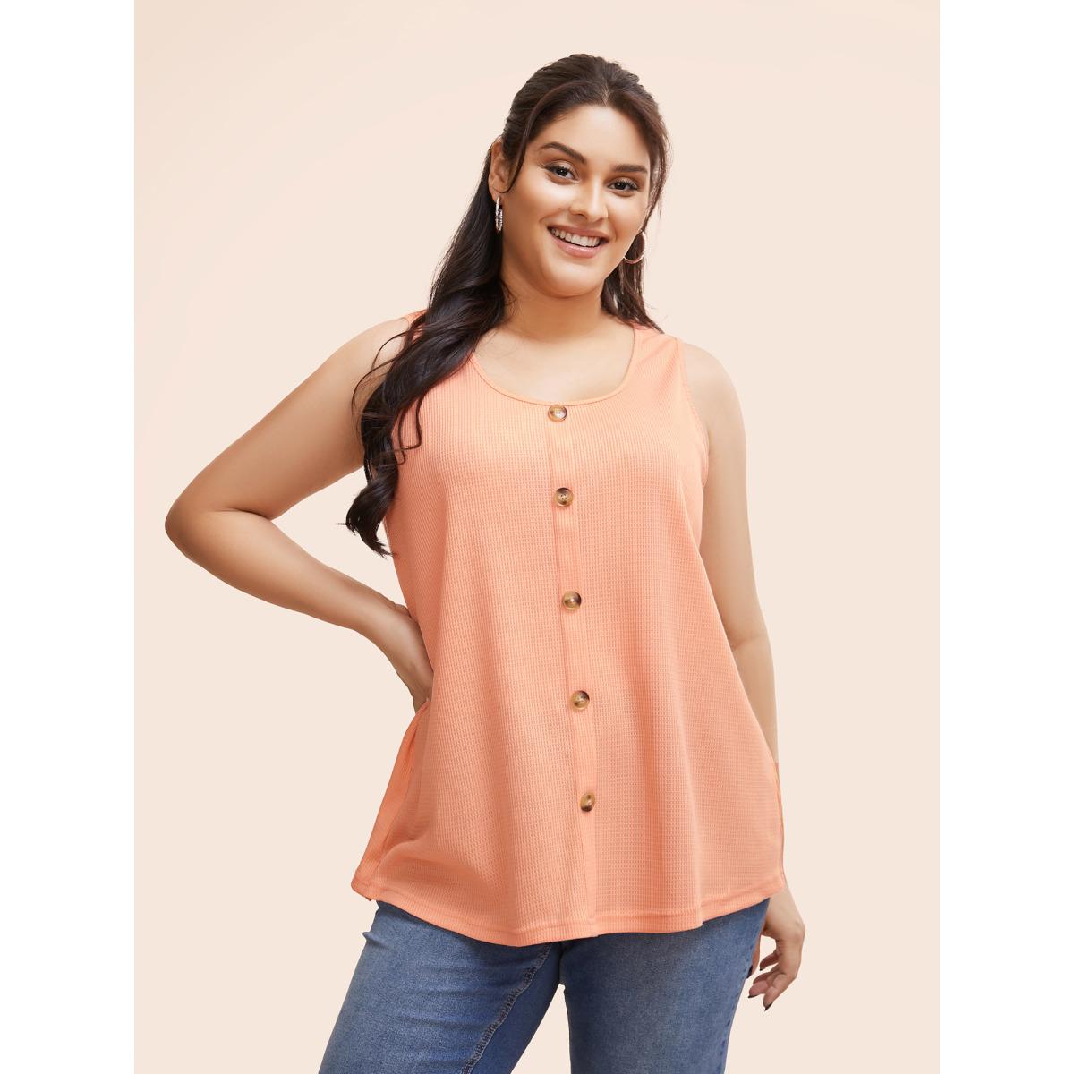 Plus Size Solid Button Detail Waffle Knit Tank Top Women Coral Casual Button Round Neck Everyday Tank Tops Camis BloomChic 12/L Product Image