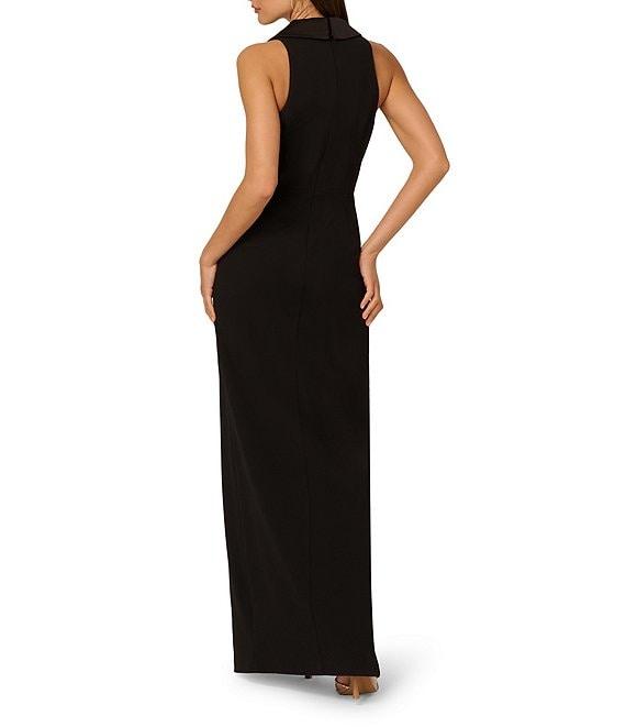 Adrianna by Adrianna Papell Crepe Knit Satin Plunge V-Neck Sleeveless Tuxedo Sheath Gown Product Image