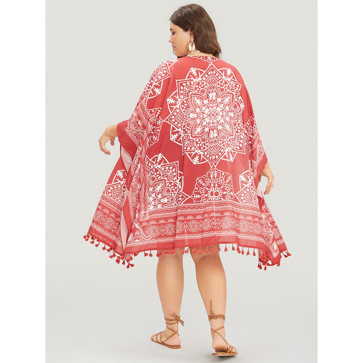 Plus Size Bandana Print Tassels Hem Open Front Kimono Women Rust Vacation Printed Oversized Dailywear Kimonos BloomChic 28/5X Product Image