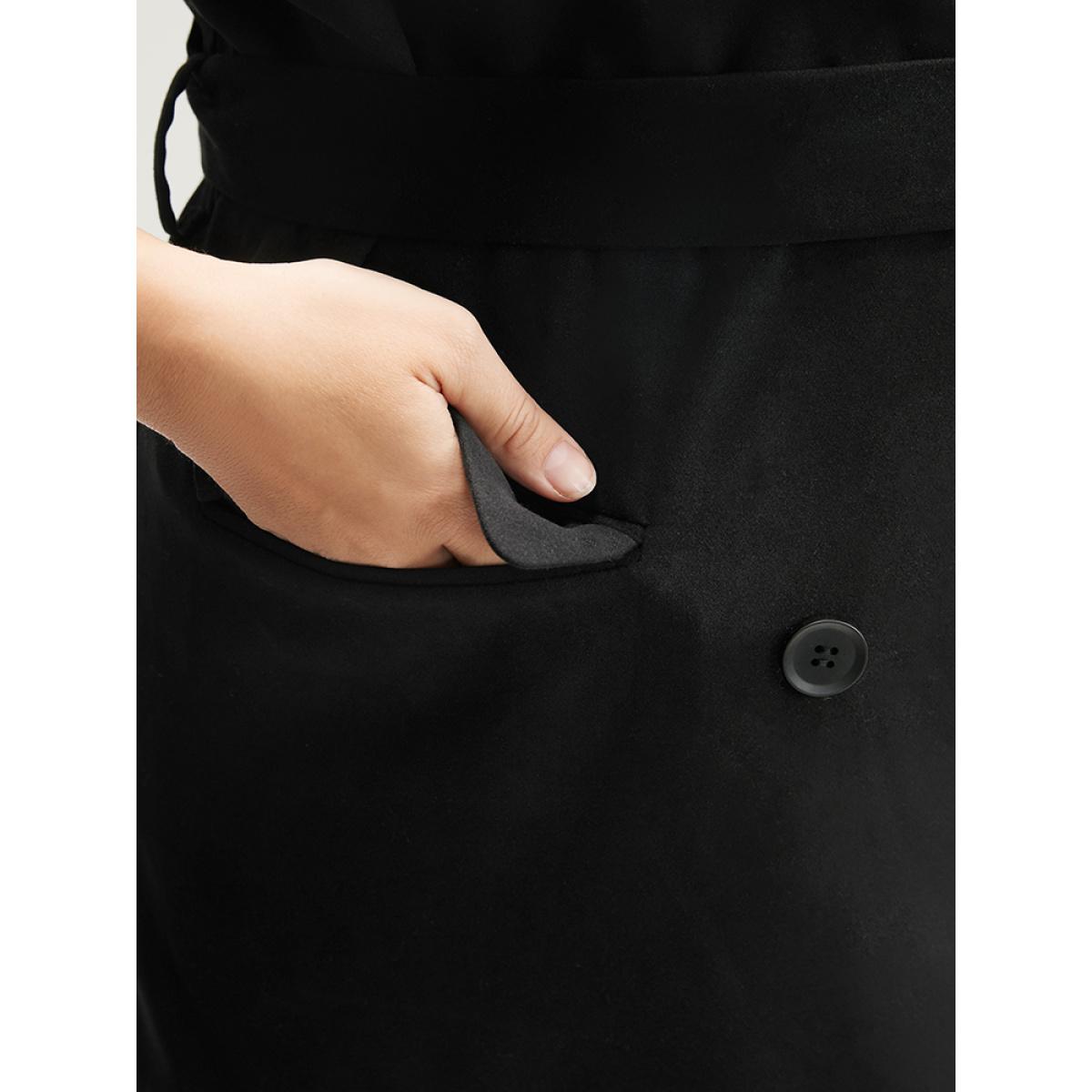 Plus Size Solid Flap Pocket Sleeveless Belt Blazer Black Women Work Plain Belted Sleeveless Sleeveless Lapel Collar 10/M Pocket Belt Office Blazers BloomChic Product Image