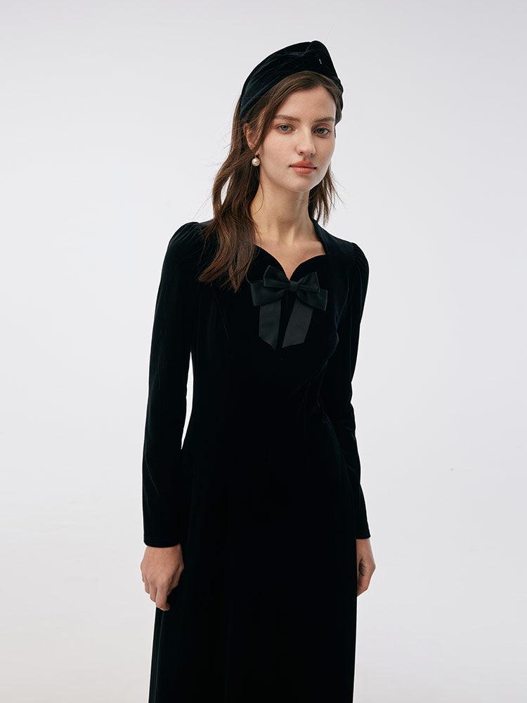 Velvet Scallop Neckline Women Midi Dress Product Image