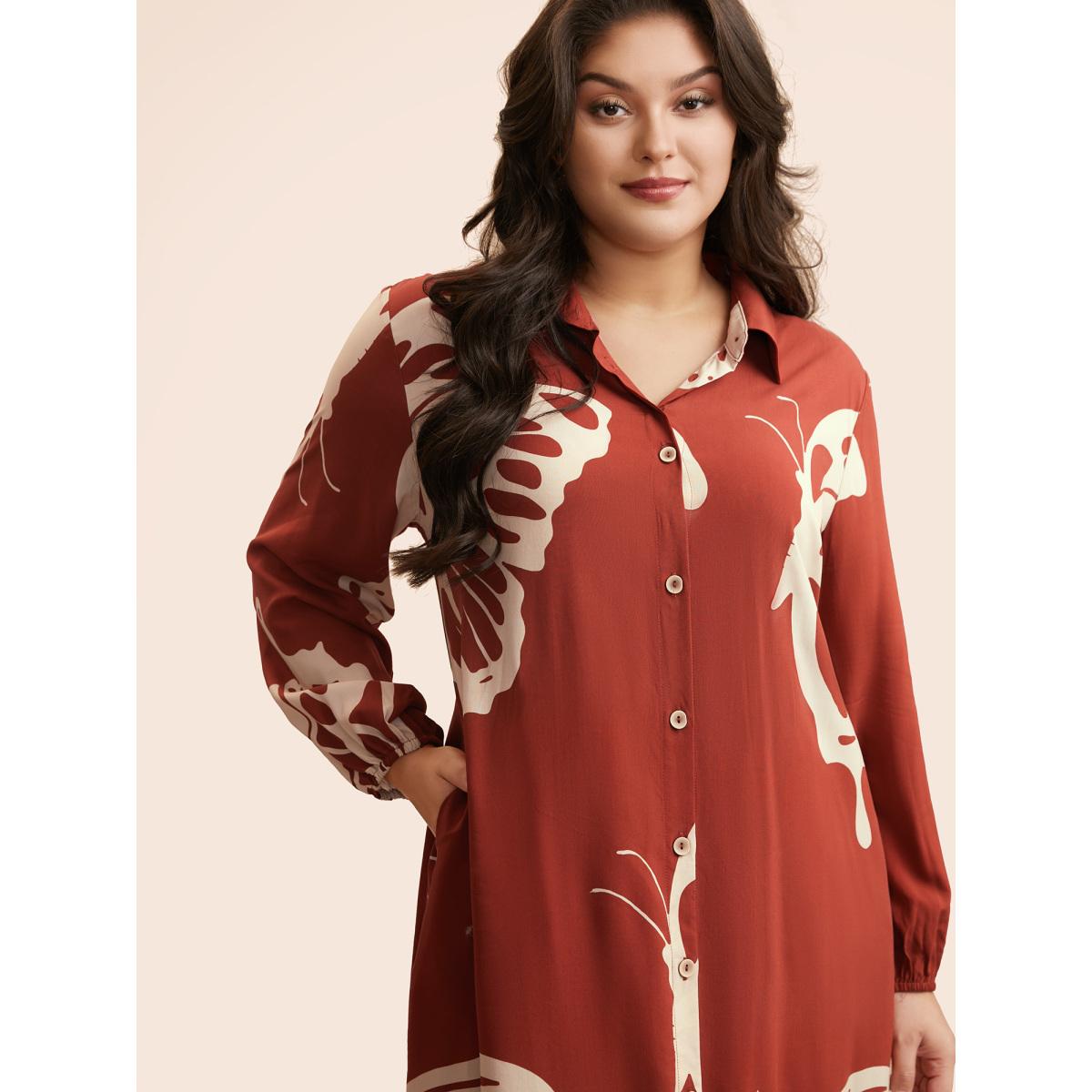 Plus Size Butterfly Print Curved Hem Midi Dress Rust Women Elegant Button Shirt collar Long Sleeve Curvy BloomChic 22-24/3X Product Image