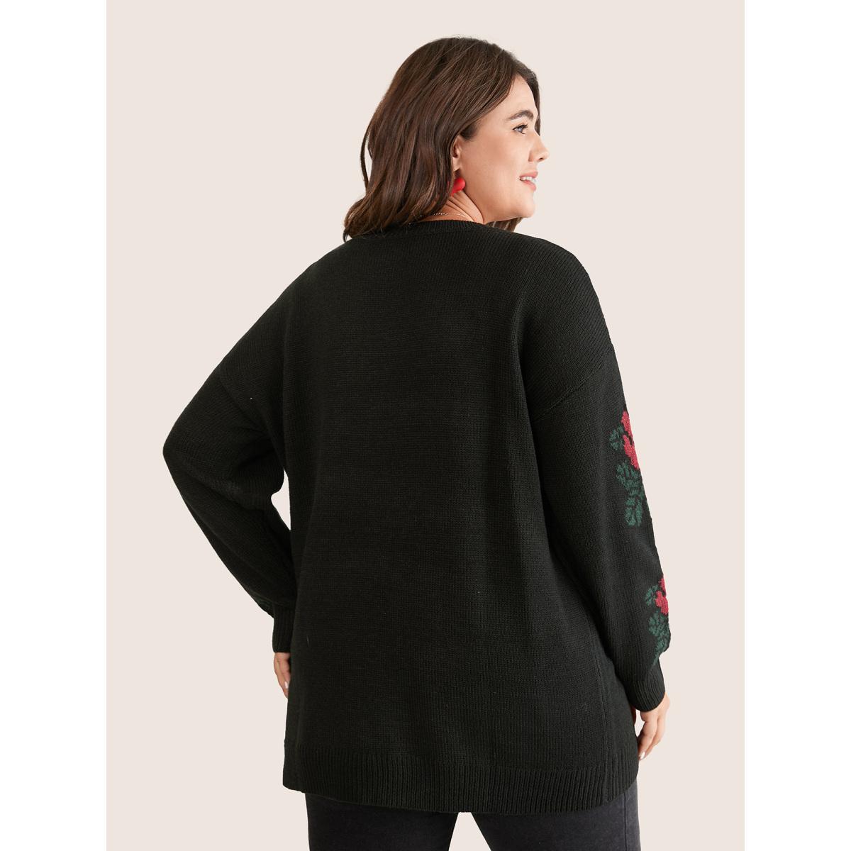 Plus Size Rose Jacquard Crew Neck Drop Shoulder Pullover Black Women Casual Long Sleeve Round Neck Everyday Pullovers BloomChic 22-24/3X Product Image