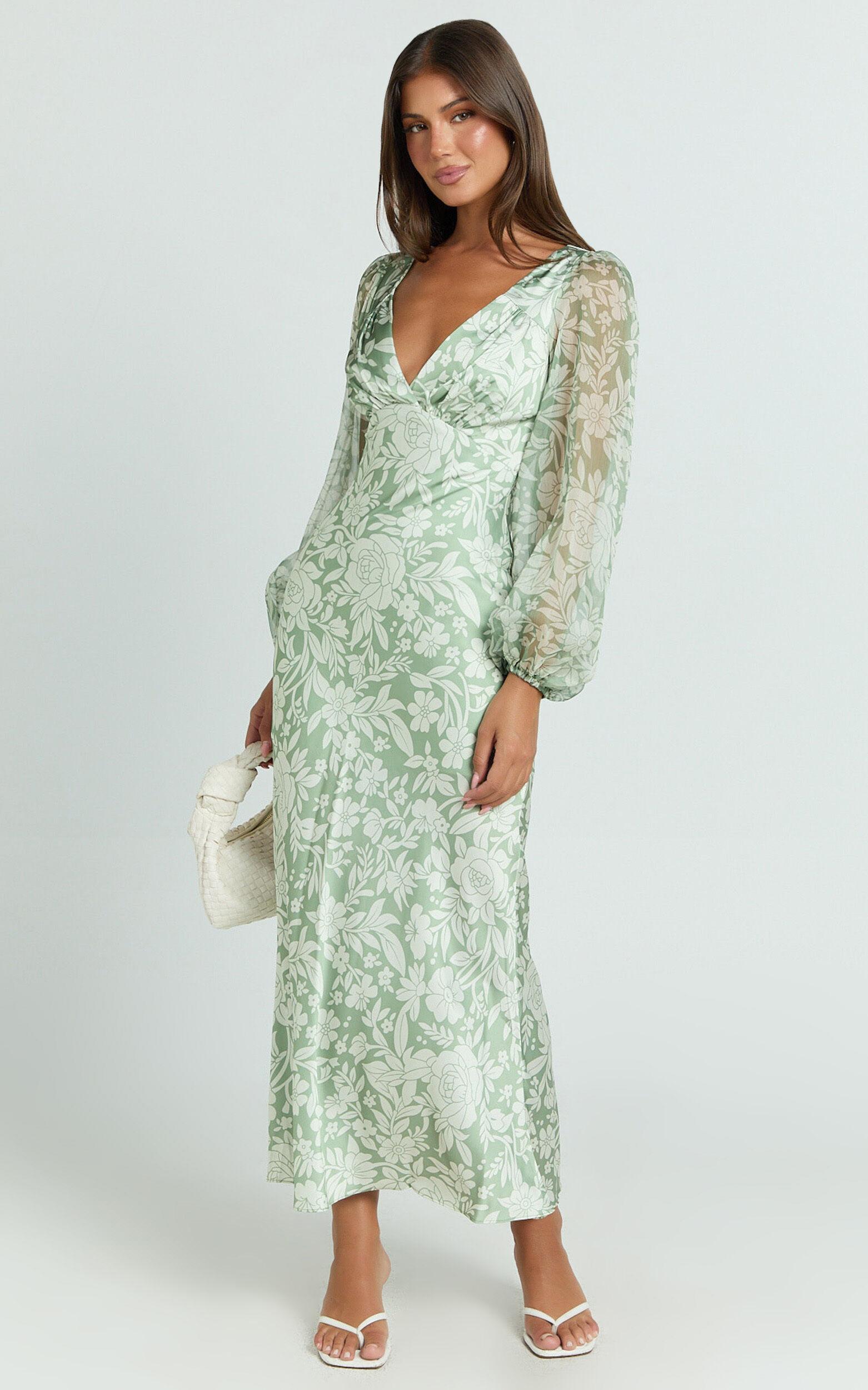 Freollyn Midi Dress - Deep V Neck Long Sleeve Dress in Sage Product Image