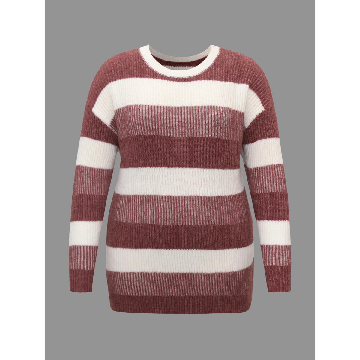 Plus Size Color Block Round Neck Texture Pullover Russet Women Casual Loose Long Sleeve Round Neck Everyday Pullovers BloomChic 22-24/3X Product Image