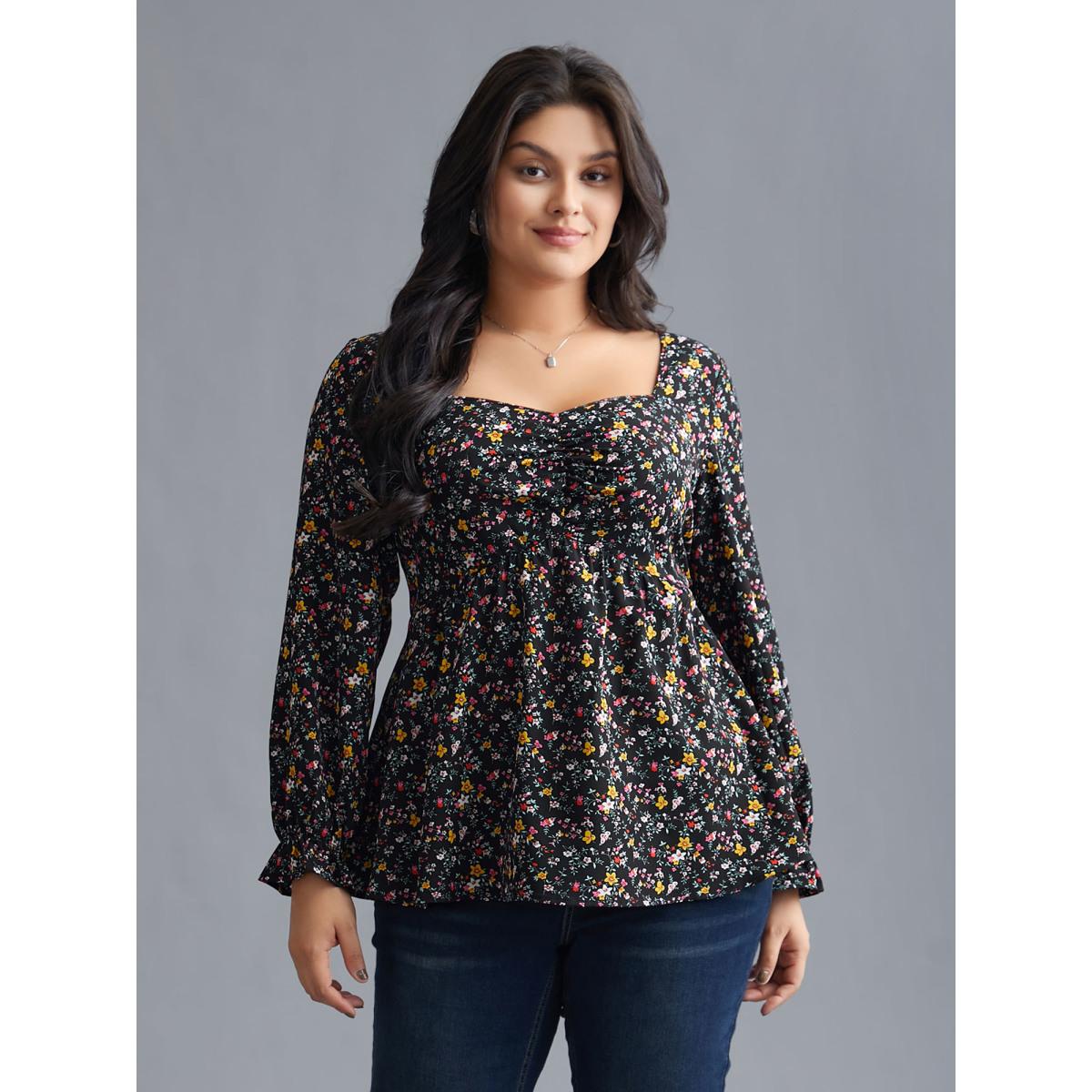 Plus Size Black Ditsy Floral Heart Neckline Gathered Blouse Women Elegant Long Sleeve Heart neckline Everyday Blouses BloomChic 28/5X Product Image