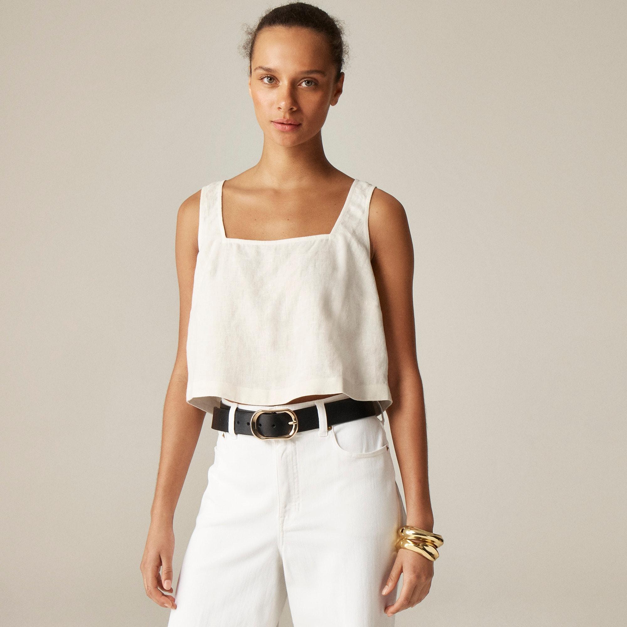 Squareneck button-back top in linen Product Image