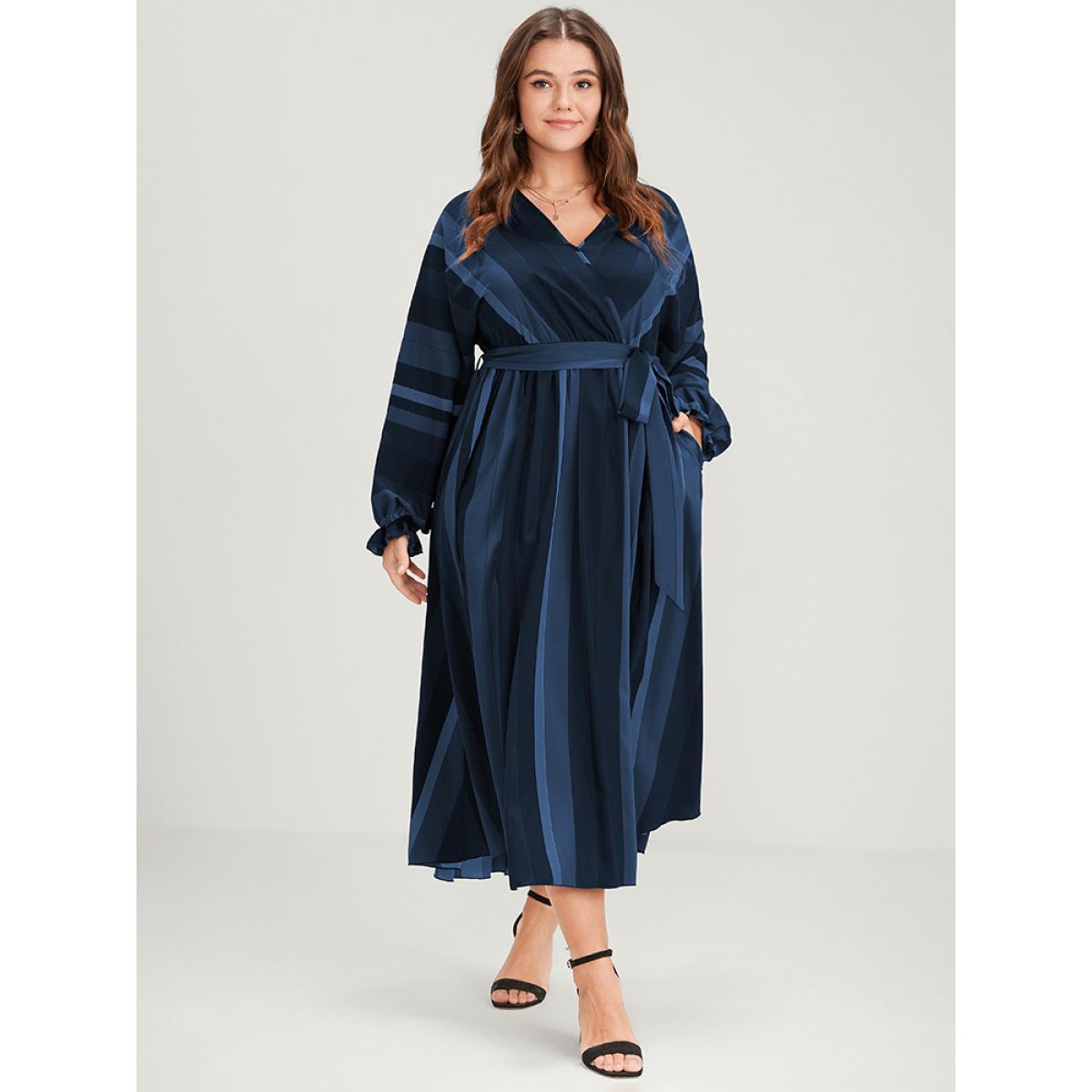 Plus Size Striped Pocket Dolman Sleeve Wrap Button Flutter Belted Split Dress DarkBlue Women Vacation Cross straps V-neck Long Sleeve Curvy Long Dress BloomChic 26/4X Product Image