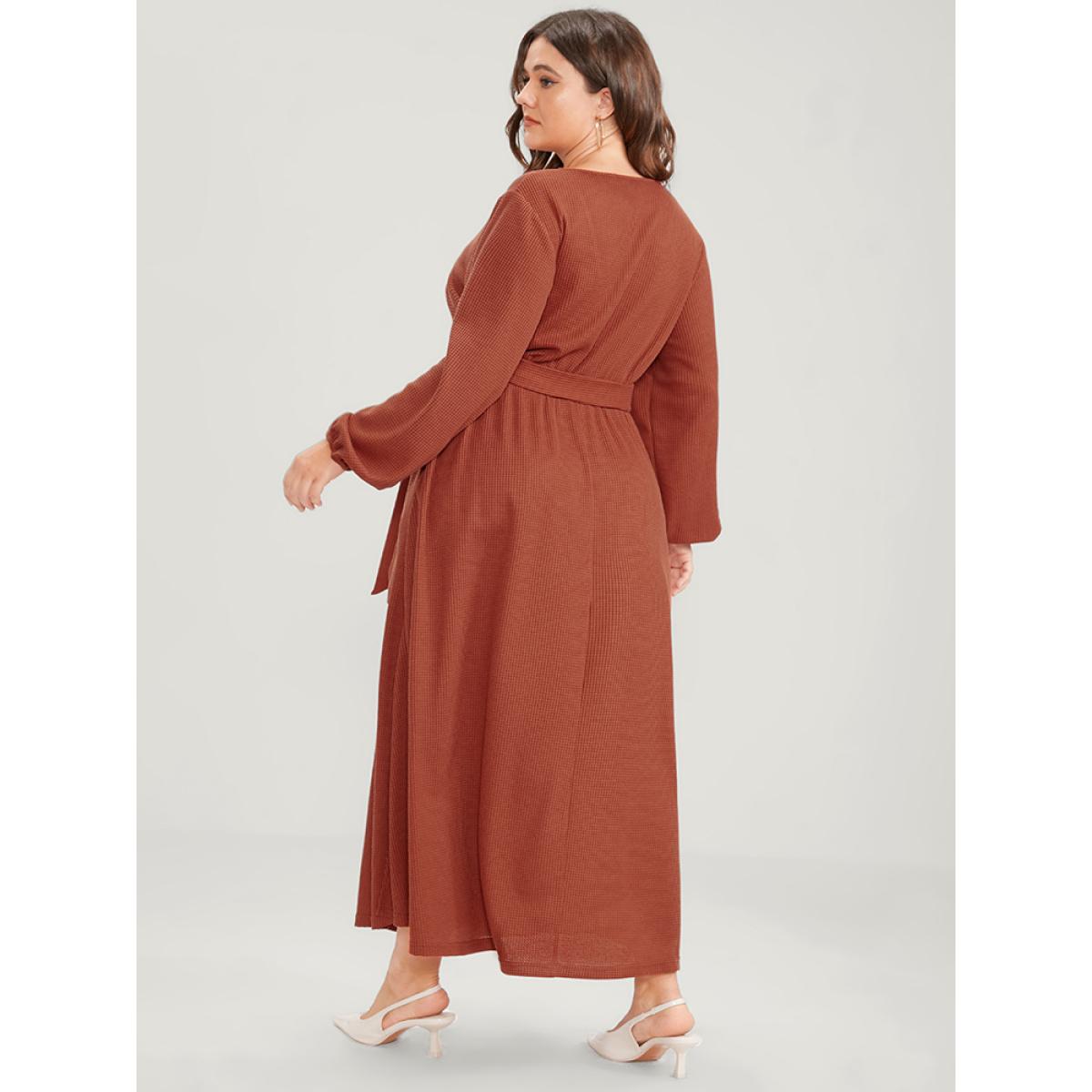 Plus Size Solid Lantern Sleeve Pocket Button Detail Waffle Knit Belted Dress Rust Women Elegant Button V-neck Long Sleeve Curvy Long Dress BloomChic 10/M Product Image