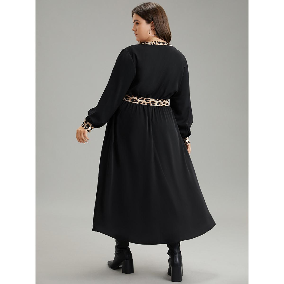 Plus Size Leopard Patchwork Pocket Belted Notched Dress Black Women Office Patchwork Notched collar Long Sleeve Curvy Midi Dress BloomChic 18-20/2X Product Image