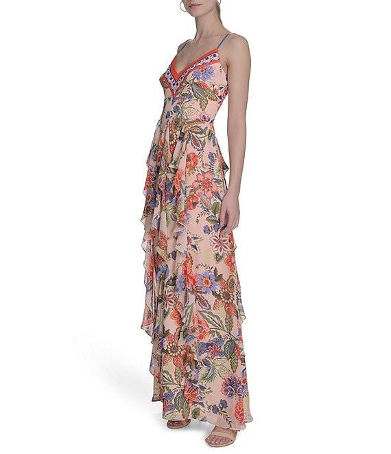 Eliza J Chiffon Floral Print V-Neck Sleeveless Ruffle Sheath Maxi Dress Product Image