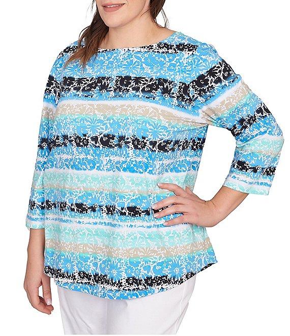 Ruby Rd. Plus Size Soft Jersey Knit Mixed Floral Watercolor Stripe Boat Neck 3/4 Sleeve Top Product Image