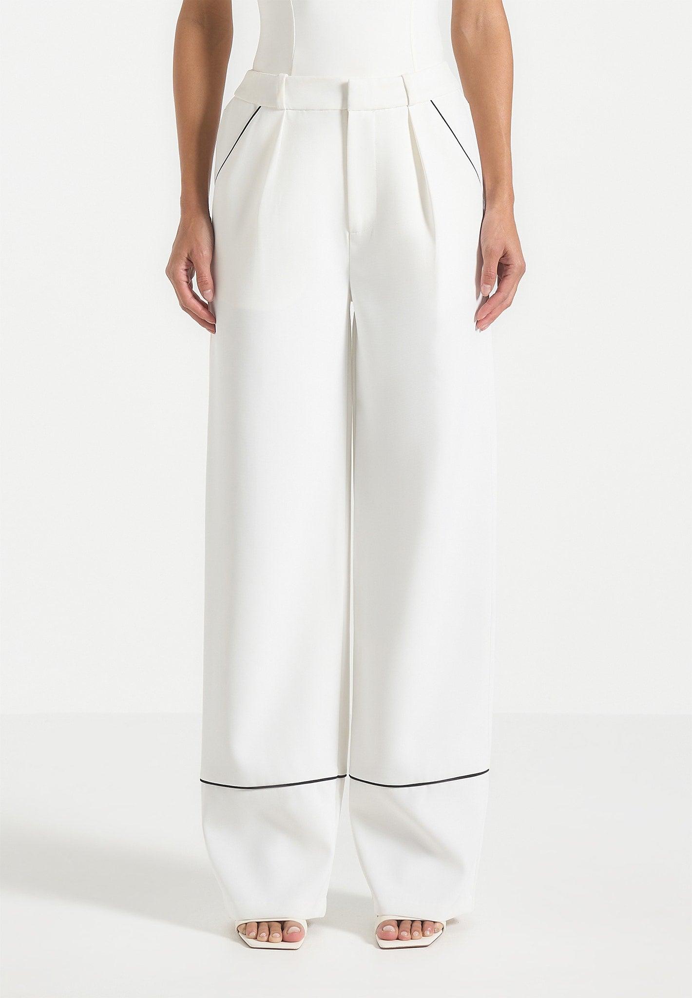 Mina - Contrast Piped Pleated Trousers - White/Black Female Product Image