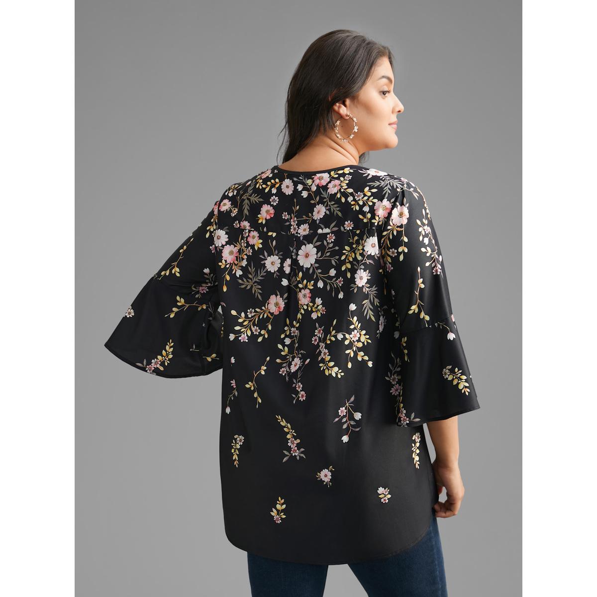 Plus Size BlackFlower Gradient Floral Ruffle Sleeves Blouse Women Elegant Elbow-length sleeve V-neck Everyday Blouses BloomChic 14-16/1X Product Image