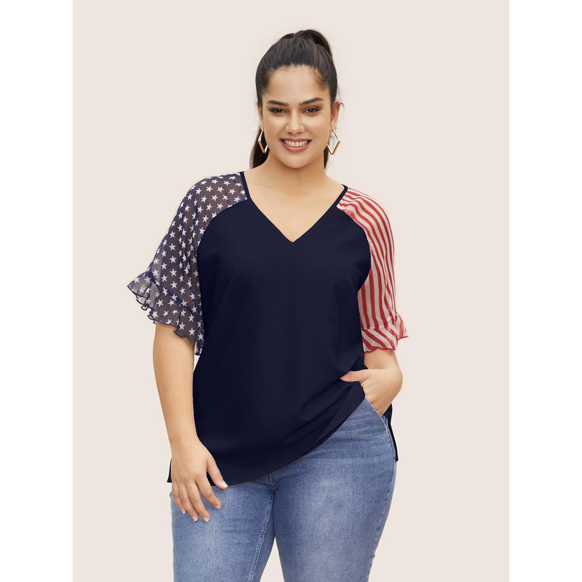 Plus Size Midnight Star & Striped Ruffles Raglan Sleeve Blouse Women Casual Short sleeve V-neck Everyday Blouses BloomChic 10/M Product Image