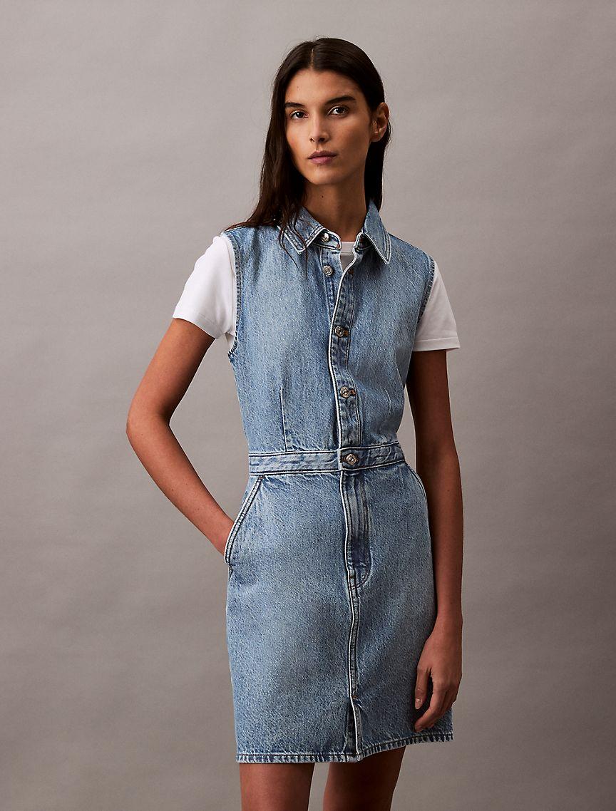Sleeveless Denim Button-Down Dress Product Image