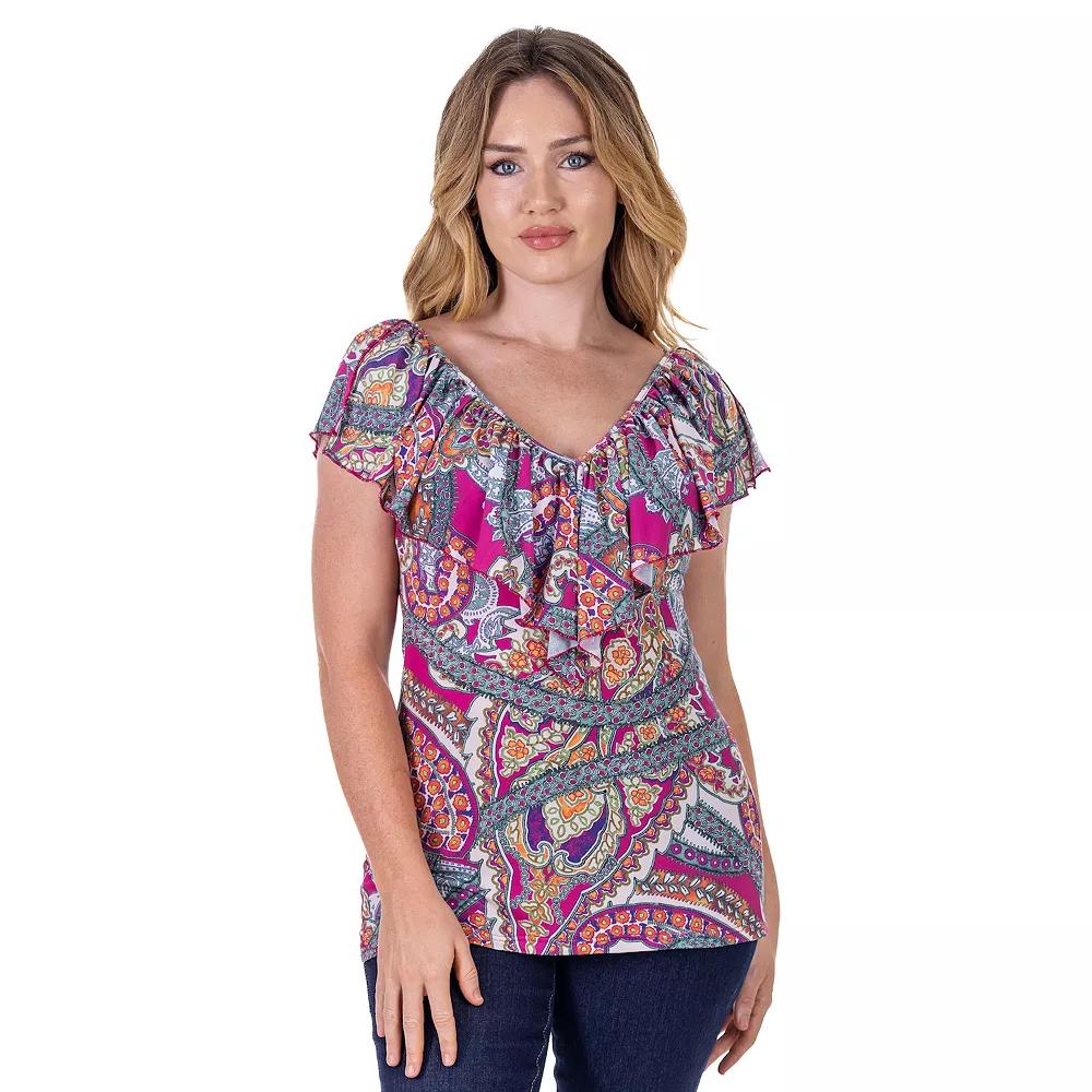 Women's 24Seven Comfort Apparel Paisley Print Ruffle V Neck Top,  Product Image