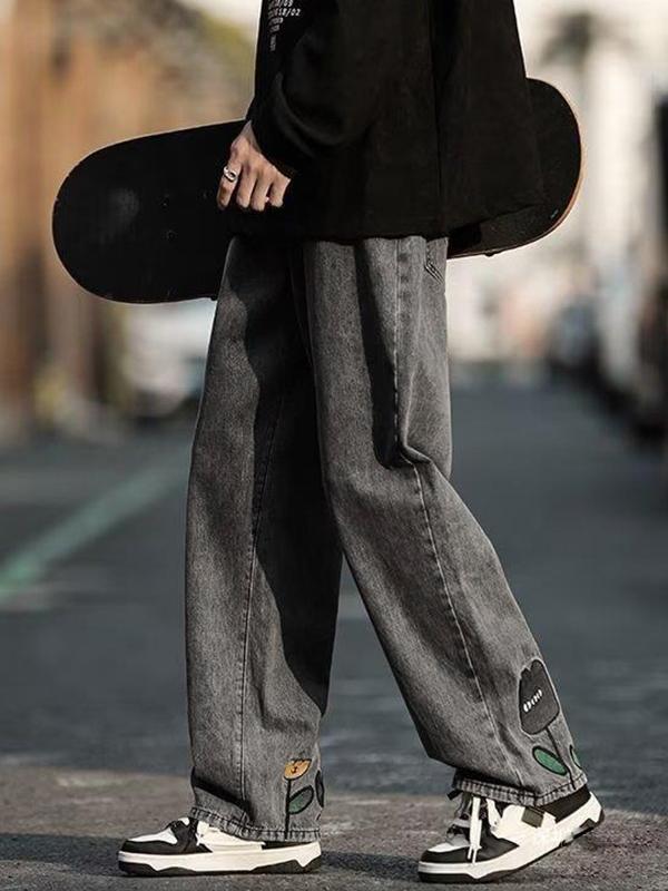 Men's Distressed Interesting Flower Embroidery Loose Jeans Product Image